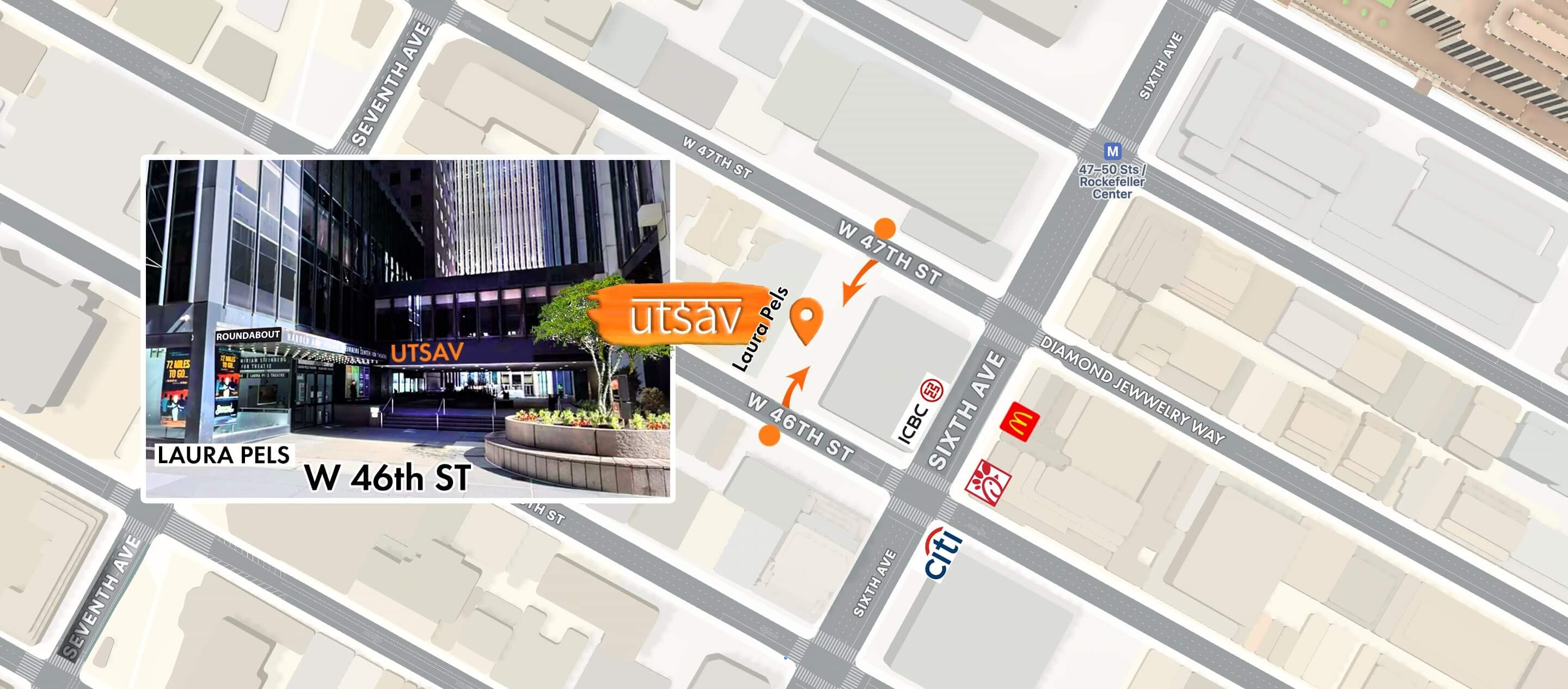 Map showing Utsav at Laura Pels Theatre on W 46th St near Sixth Ave with nearby landmarks including Chick-fil-A, McDonald's, Citi, and ICBC.