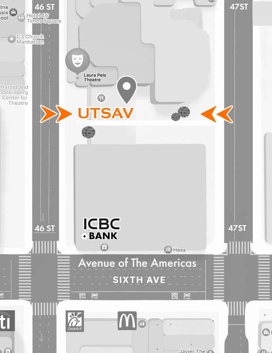 Map showing Utsav location near Laura Pels Theatre between 46th and 47th Streets on Avenue of the Americas in Manhattan.